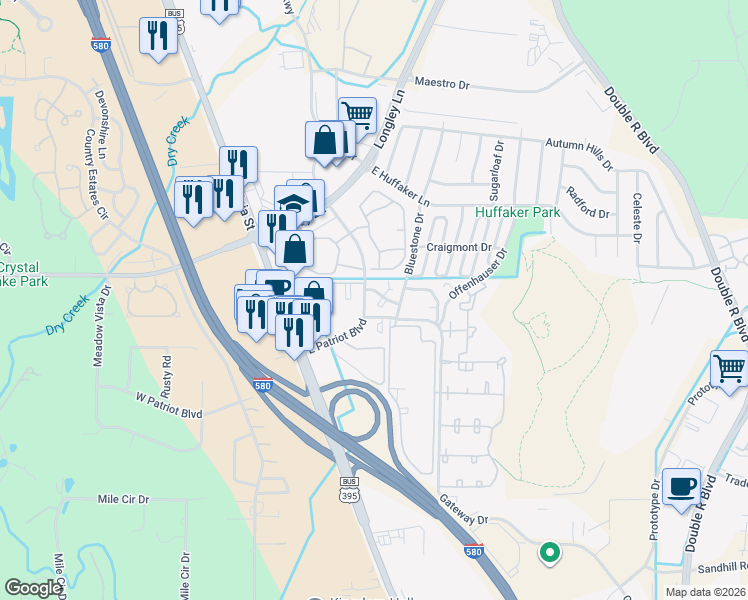 map of restaurants, bars, coffee shops, grocery stores, and more near 7690 Bluestone Drive in Reno