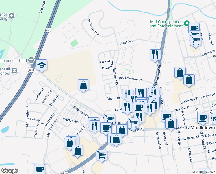 map of restaurants, bars, coffee shops, grocery stores, and more near 400 Champs Lane in Middletown
