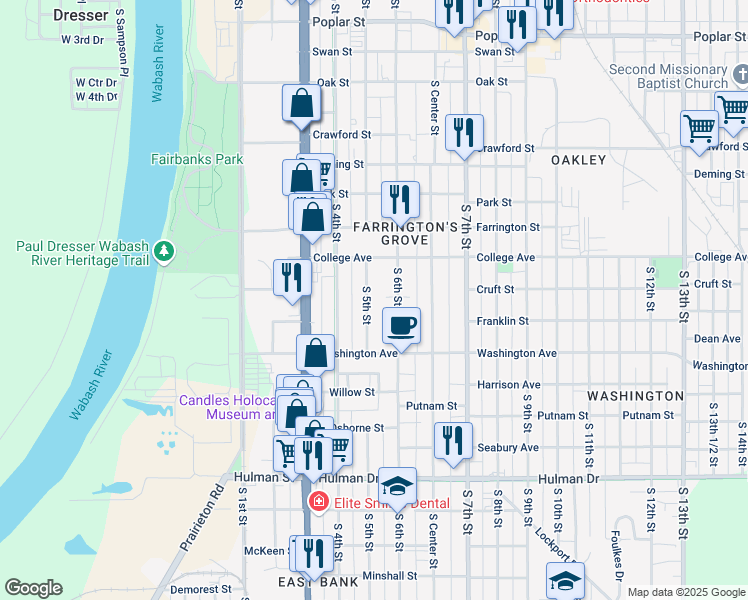 map of restaurants, bars, coffee shops, grocery stores, and more near 1140 South 5th Street in Terre Haute
