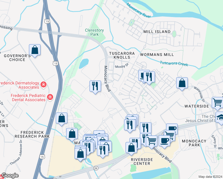 map of restaurants, bars, coffee shops, grocery stores, and more near 2647 Everly Drive in Frederick