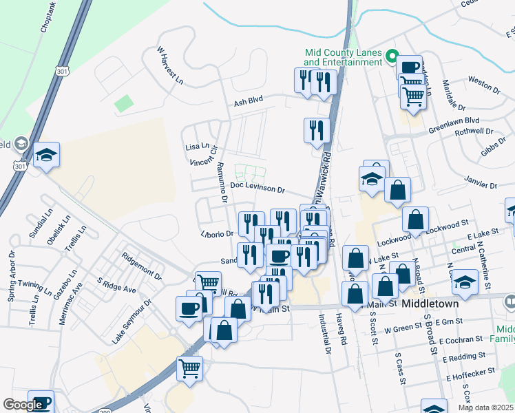 map of restaurants, bars, coffee shops, grocery stores, and more near 312 Liborio Drive in Middletown