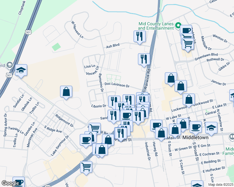 map of restaurants, bars, coffee shops, grocery stores, and more near 312 Liborio Drive in Middletown