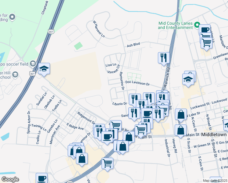 map of restaurants, bars, coffee shops, grocery stores, and more near 400 Champs Lane in Middletown