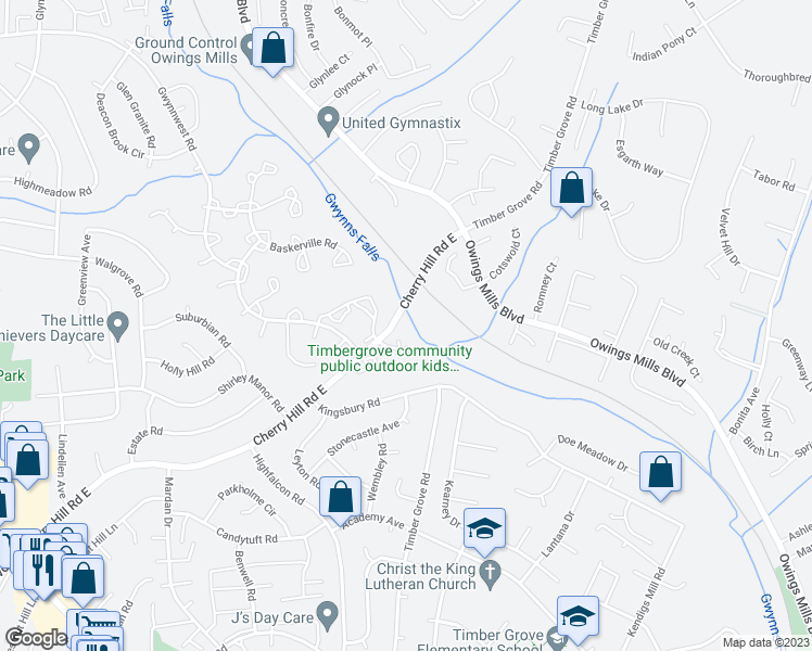 map of restaurants, bars, coffee shops, grocery stores, and more near 48 Shaftsbury Court in Reisterstown