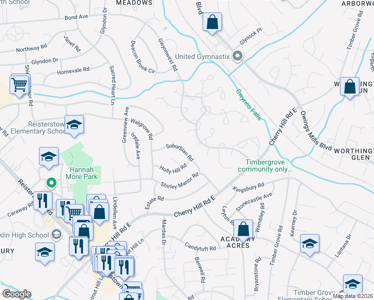 map of restaurants, bars, coffee shops, grocery stores, and more near 821 Suburbian Road in Reisterstown