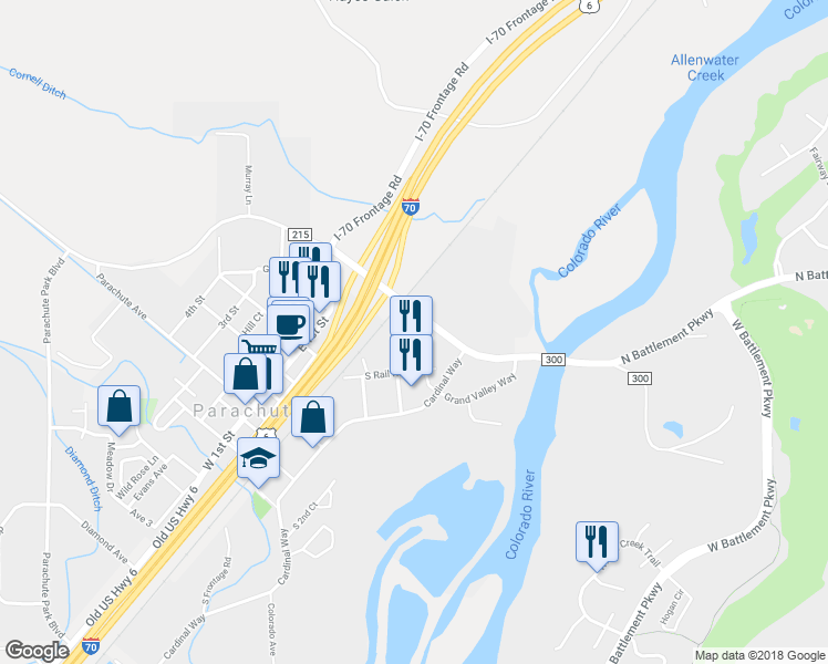 map of restaurants, bars, coffee shops, grocery stores, and more near 150 Columbine Court in Parachute