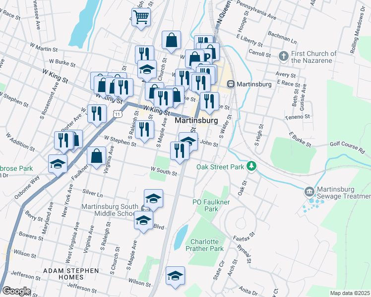 map of restaurants, bars, coffee shops, grocery stores, and more near 321 South Queen Street in Martinsburg