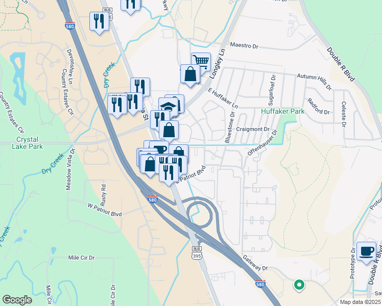 map of restaurants, bars, coffee shops, grocery stores, and more near 555 East Patriot Boulevard in Reno