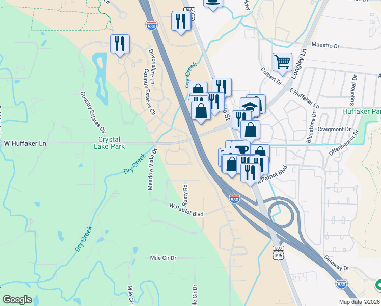 map of restaurants, bars, coffee shops, grocery stores, and more near 412 Sierra Leaf Circle in Reno