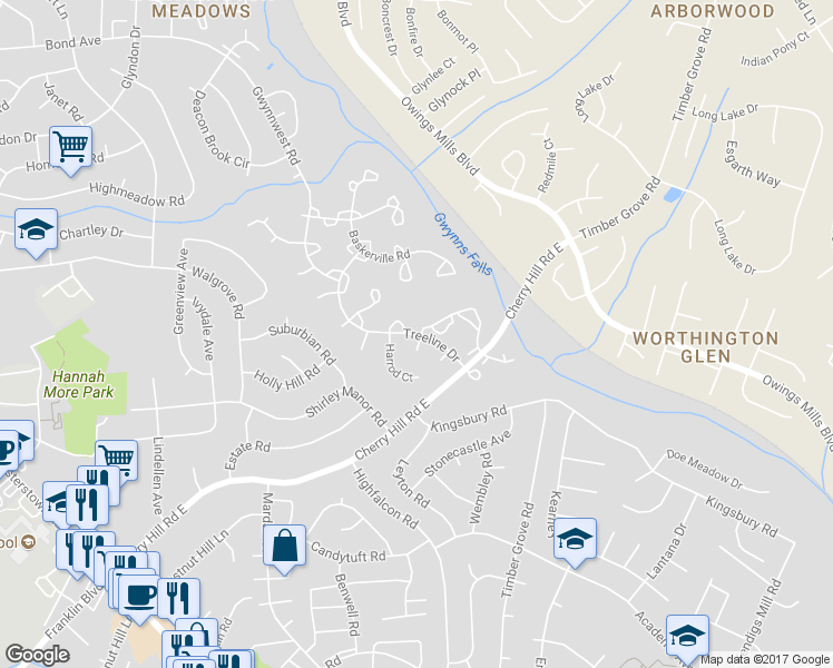map of restaurants, bars, coffee shops, grocery stores, and more near 1 Ruddington Court in Reisterstown