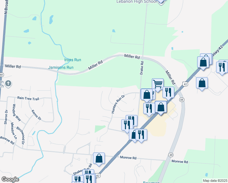 map of restaurants, bars, coffee shops, grocery stores, and more near 786 Calderwood Court in Lebanon