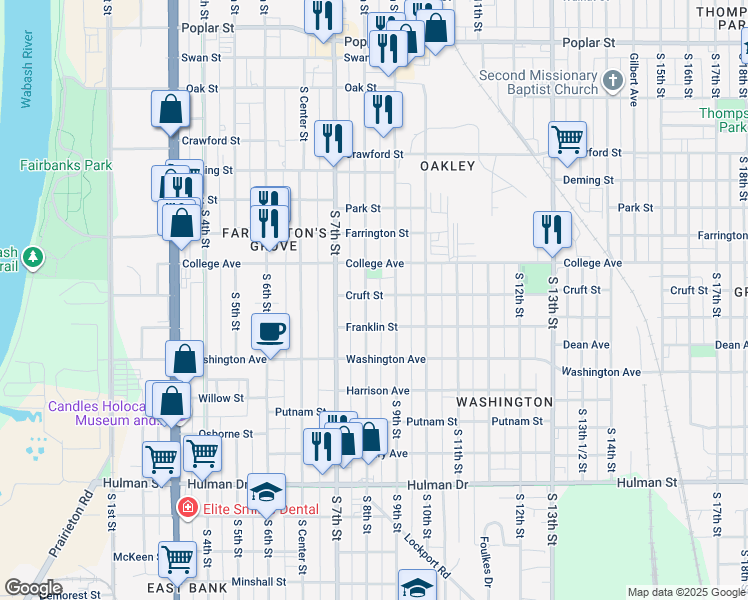 map of restaurants, bars, coffee shops, grocery stores, and more near 803 Cruft Street in Terre Haute
