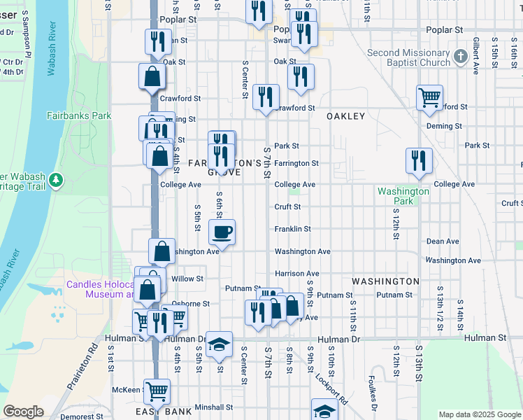 map of restaurants, bars, coffee shops, grocery stores, and more near 1136 South Center Street in Terre Haute