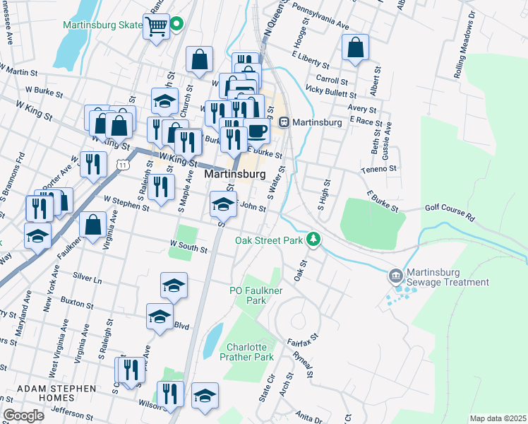 map of restaurants, bars, coffee shops, grocery stores, and more near 301 South Water Street in Martinsburg