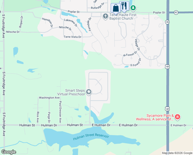 map of restaurants, bars, coffee shops, grocery stores, and more near 1024 Harbor Point Road in Terre Haute