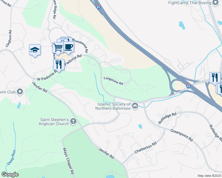 map of restaurants, bars, coffee shops, grocery stores, and more near 518 Kinsale Road in Lutherville-Timonium