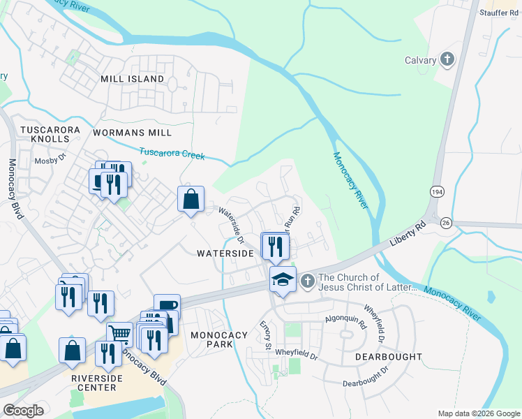 map of restaurants, bars, coffee shops, grocery stores, and more near 8002 Hollow Reed Court in Frederick