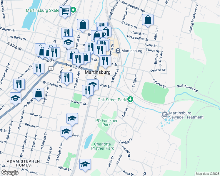 map of restaurants, bars, coffee shops, grocery stores, and more near 301 South Water Street in Martinsburg