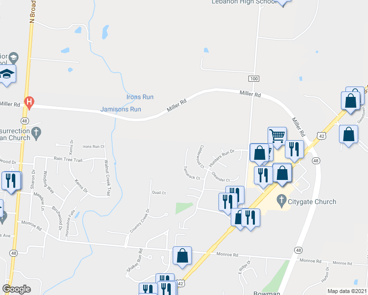 map of restaurants, bars, coffee shops, grocery stores, and more near 803 Tamarack Court in Lebanon