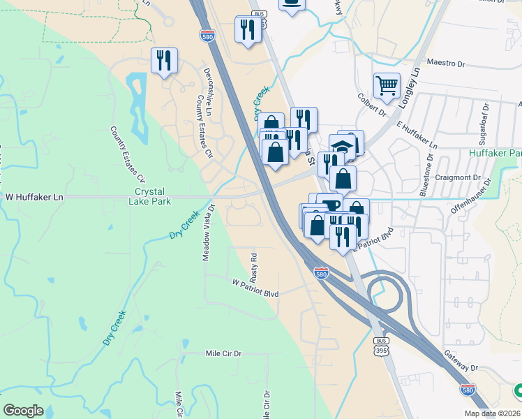 map of restaurants, bars, coffee shops, grocery stores, and more near 412 Sierra Leaf Circle in Reno