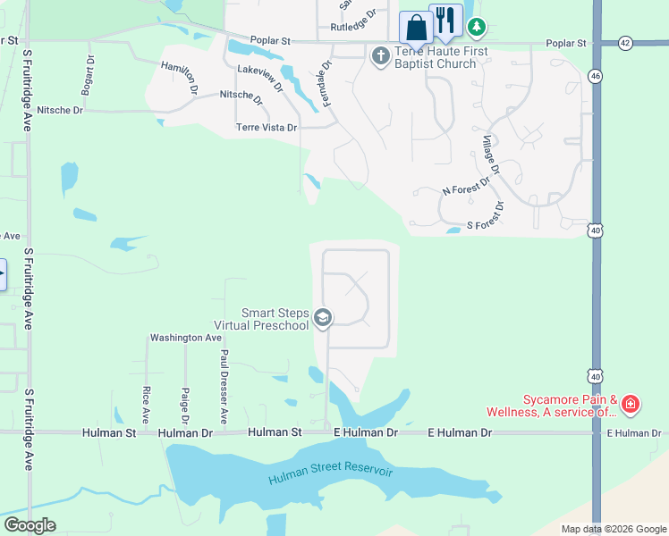 map of restaurants, bars, coffee shops, grocery stores, and more near 1024 Harbor Point Road in Terre Haute
