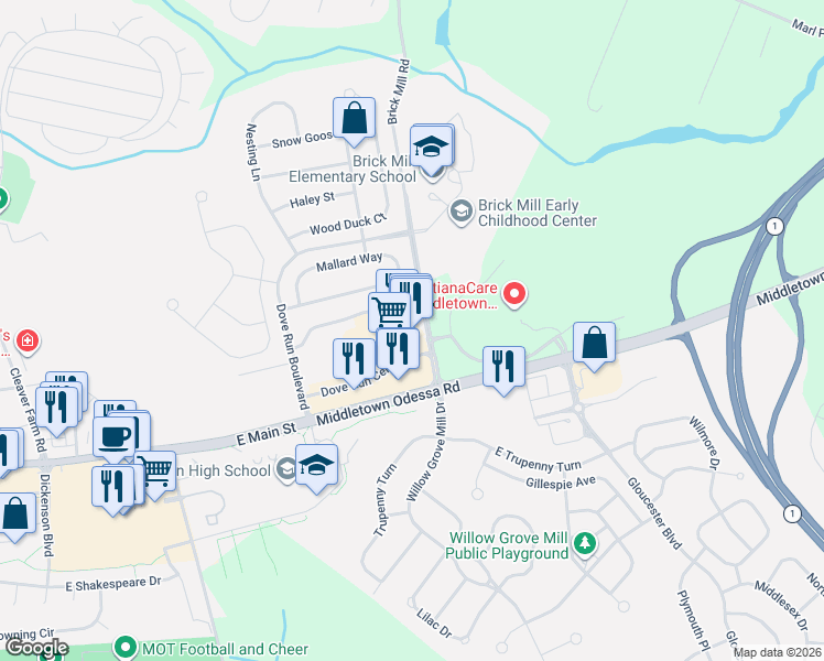 map of restaurants, bars, coffee shops, grocery stores, and more near 248 Dove Run Centre Drive in Middletown