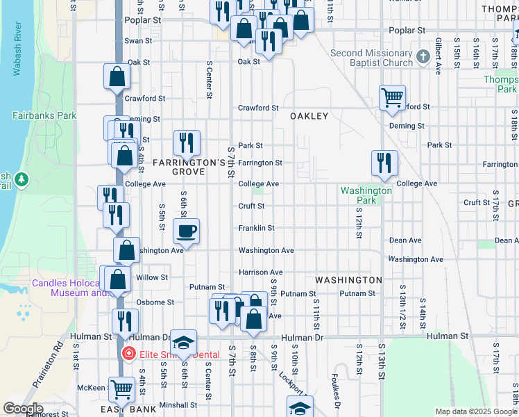 map of restaurants, bars, coffee shops, grocery stores, and more near 803 Cruft Street in Terre Haute