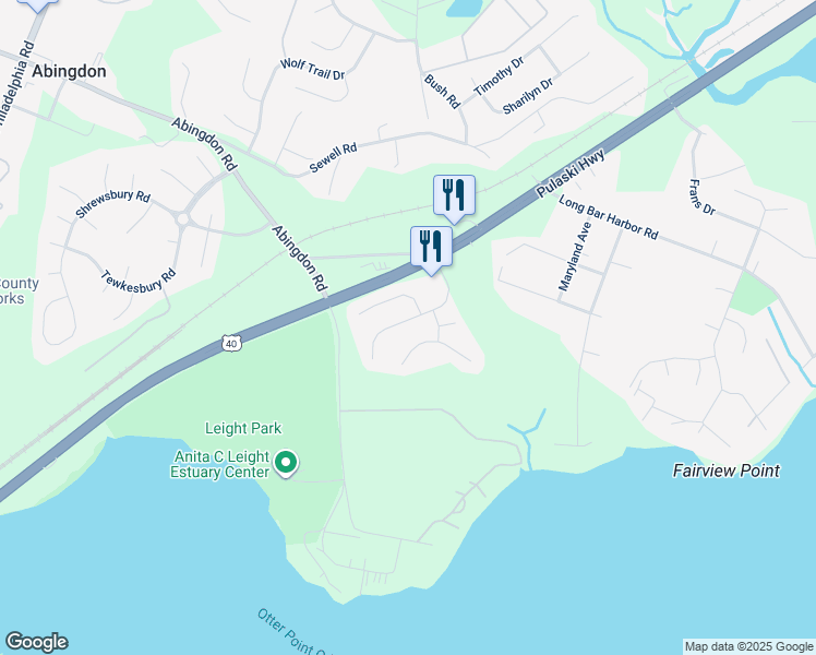 map of restaurants, bars, coffee shops, grocery stores, and more near 1032 Searay Court in Abingdon