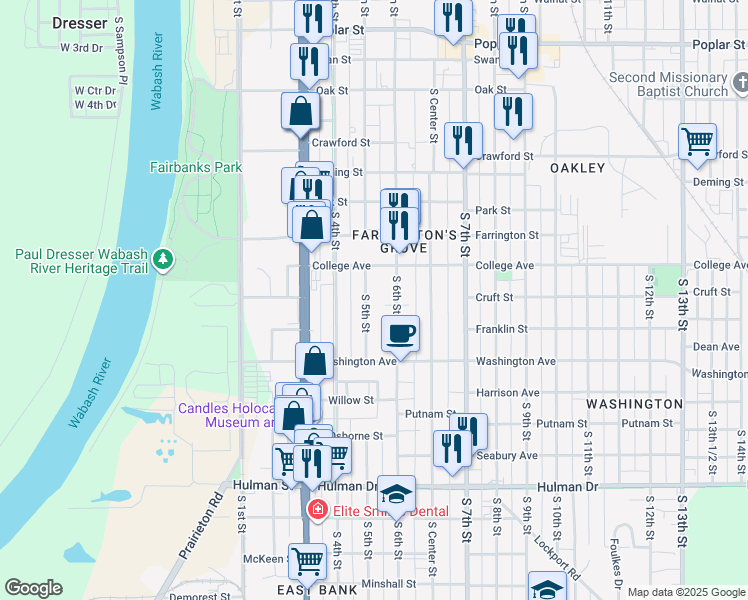 map of restaurants, bars, coffee shops, grocery stores, and more near 1140 South 5th Street in Terre Haute