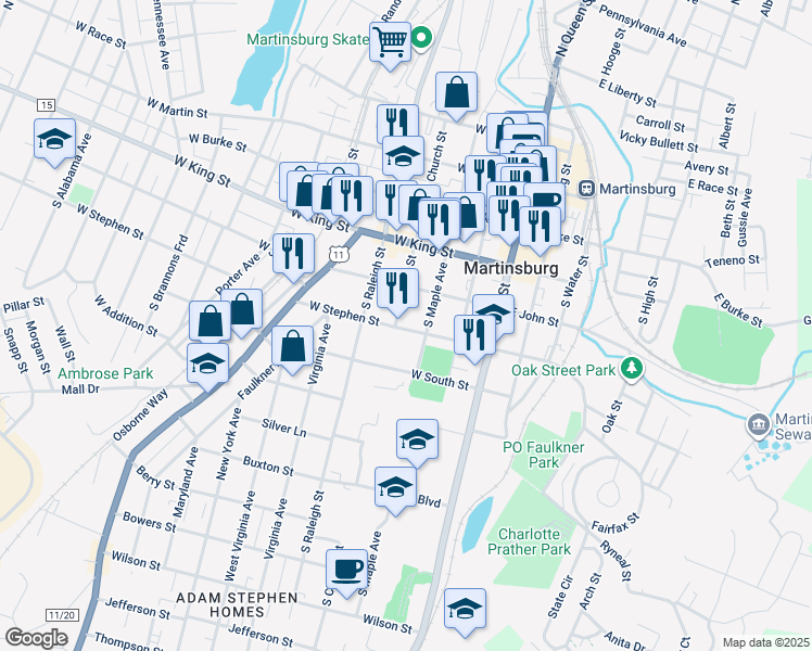 map of restaurants, bars, coffee shops, grocery stores, and more near 316 West Stephen Street in Martinsburg
