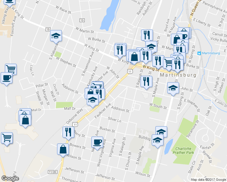 map of restaurants, bars, coffee shops, grocery stores, and more near 430 Winchester Ave in Martinsburg