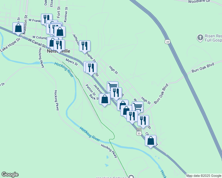 map of restaurants, bars, coffee shops, grocery stores, and more near 638 Chestnut Street in Nelsonville