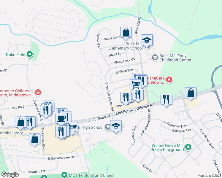 map of restaurants, bars, coffee shops, grocery stores, and more near 114 Dove Run Centre Drive in Middletown