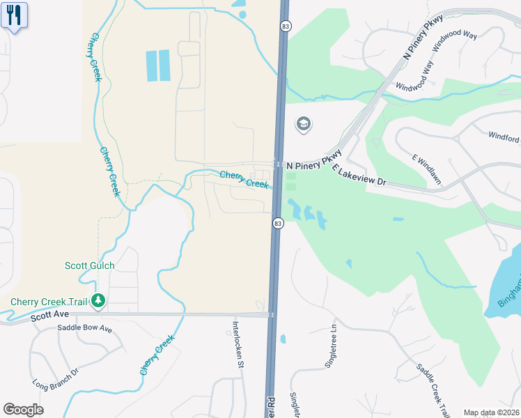 map of restaurants, bars, coffee shops, grocery stores, and more near 6749 Club Villa Road in Parker