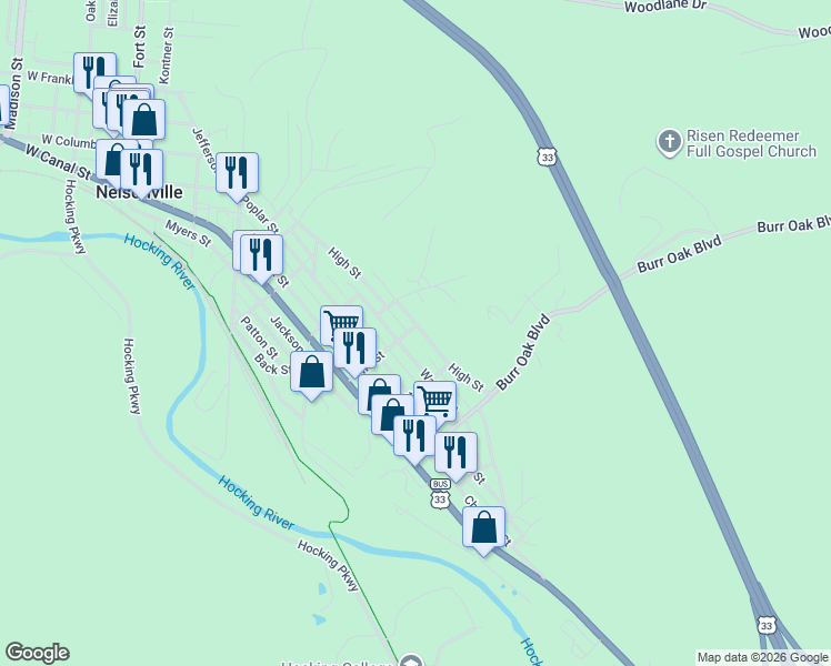 map of restaurants, bars, coffee shops, grocery stores, and more near 94 2nd Street in Nelsonville