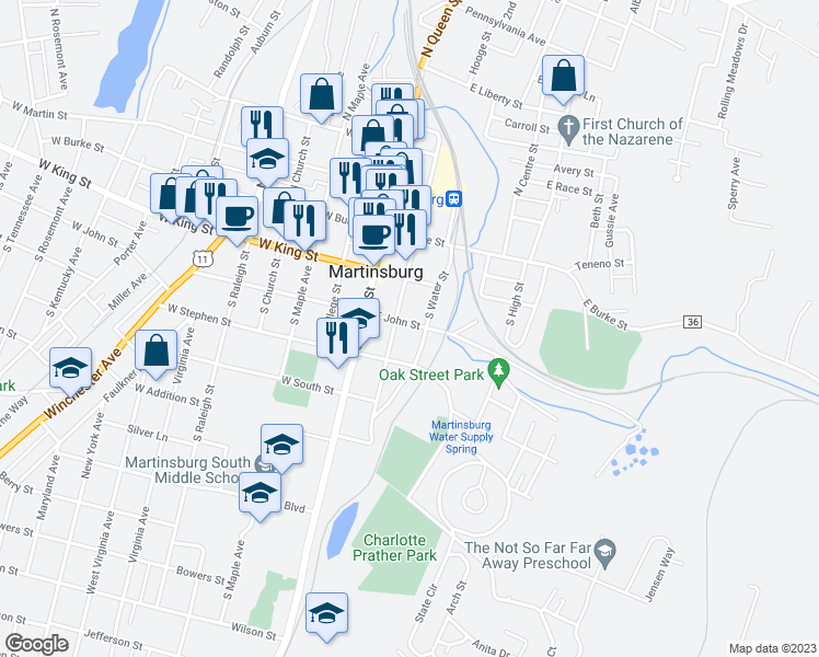 map of restaurants, bars, coffee shops, grocery stores, and more near 216 East John Street in Martinsburg