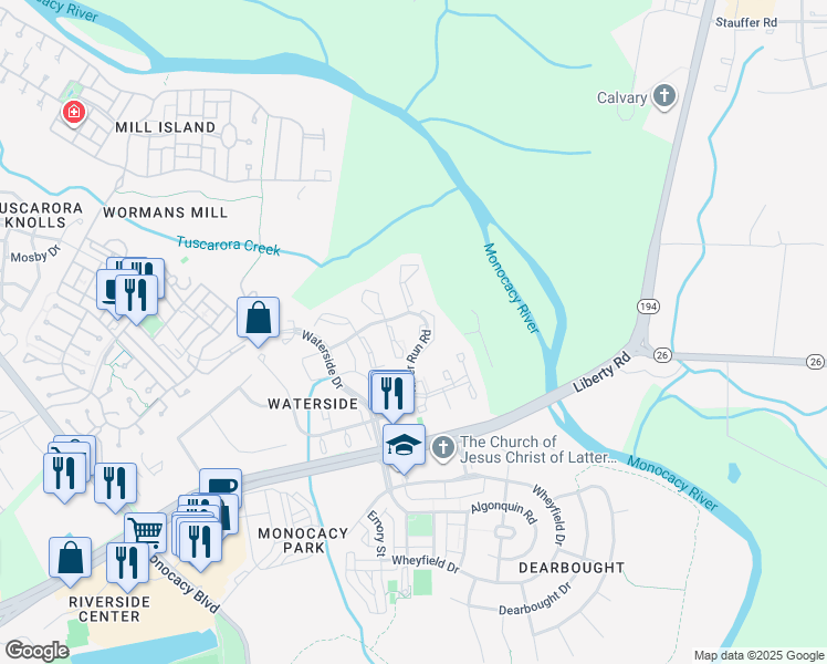 map of restaurants, bars, coffee shops, grocery stores, and more near 8006 Reed Court in Frederick