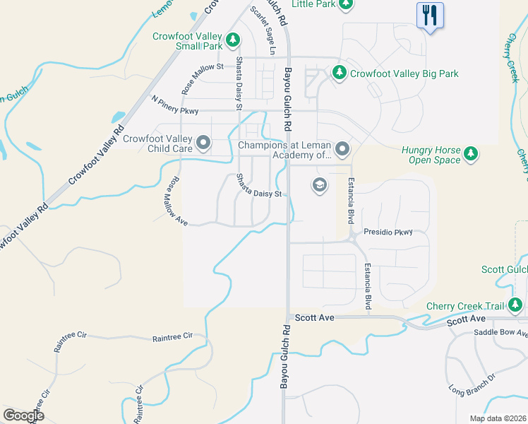 map of restaurants, bars, coffee shops, grocery stores, and more near 14433 Hop Clover Trail in Parker