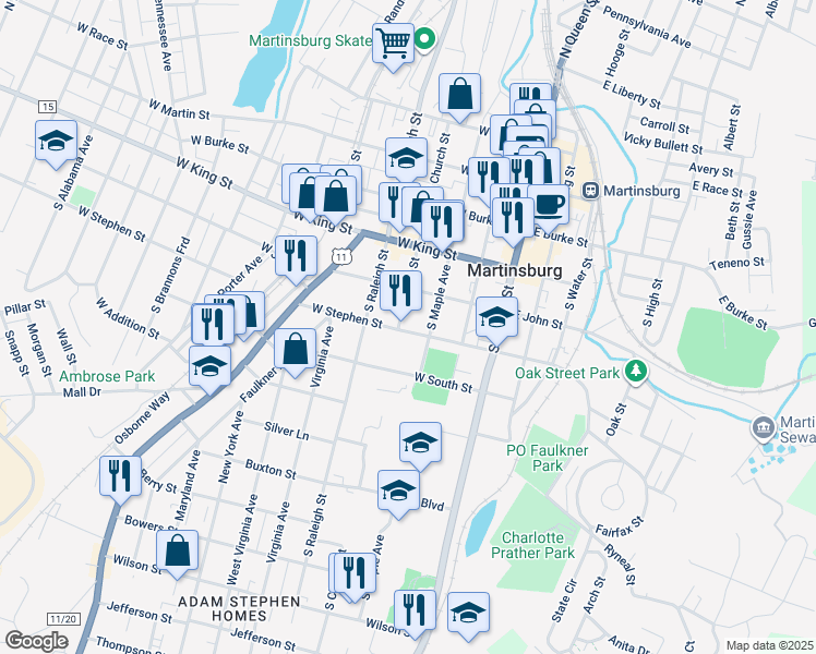 map of restaurants, bars, coffee shops, grocery stores, and more near 316 West Stephen Street in Martinsburg
