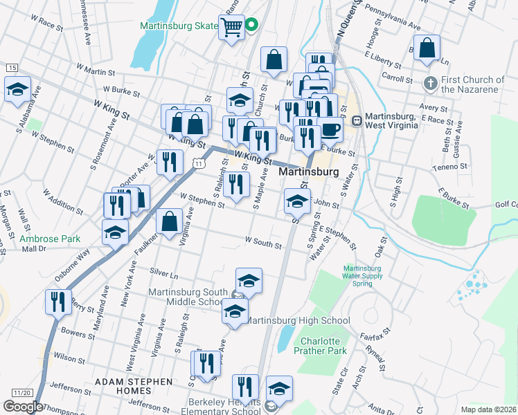 map of restaurants, bars, coffee shops, grocery stores, and more near 326 S Maple Ave in Martinsburg