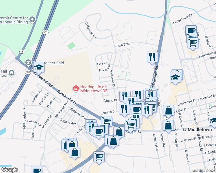 map of restaurants, bars, coffee shops, grocery stores, and more near 400 Champs Lane in Middletown
