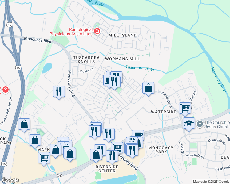 map of restaurants, bars, coffee shops, grocery stores, and more near 2481 Merchant Street in Frederick