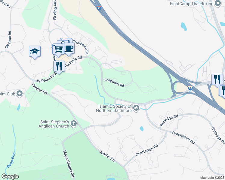 map of restaurants, bars, coffee shops, grocery stores, and more near 518 Kinsale Road in Lutherville-Timonium