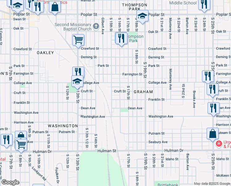 map of restaurants, bars, coffee shops, grocery stores, and more near 1515 Cruft Street in Terre Haute