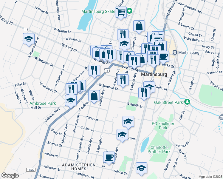 map of restaurants, bars, coffee shops, grocery stores, and more near 405 South Raleigh Street in Martinsburg