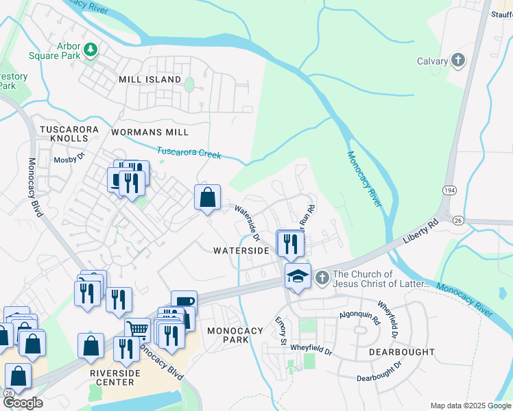 map of restaurants, bars, coffee shops, grocery stores, and more near 8249 Waterside Court in Frederick