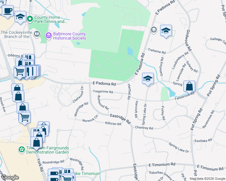 map of restaurants, bars, coffee shops, grocery stores, and more near 120 Tregarone Road in Lutherville-Timonium