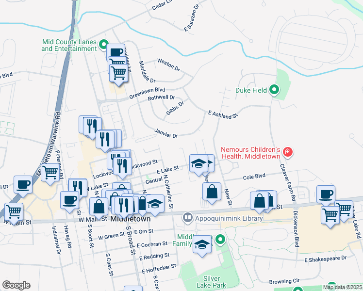 map of restaurants, bars, coffee shops, grocery stores, and more near 401 Caribou Lane in Middletown