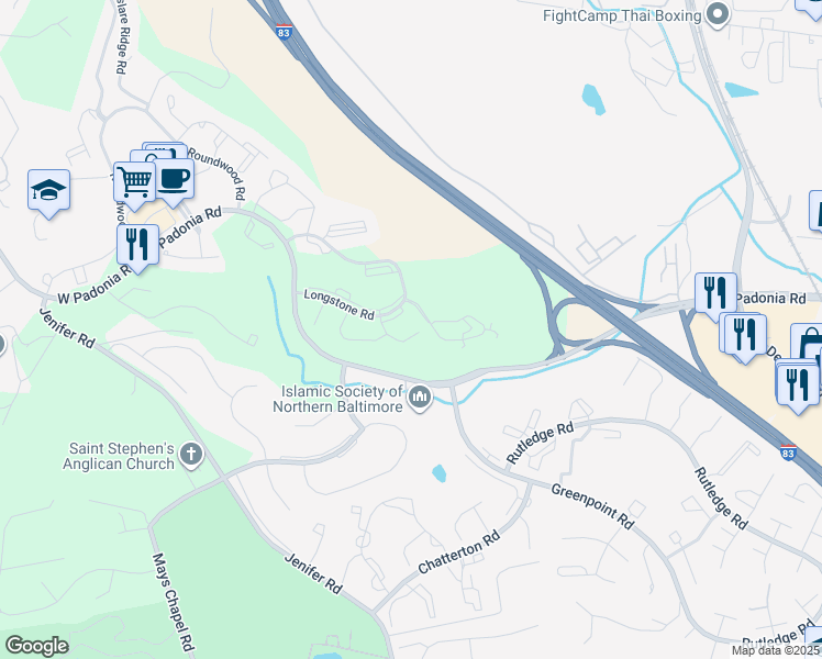 map of restaurants, bars, coffee shops, grocery stores, and more near 39 Culmore Court in Timonium