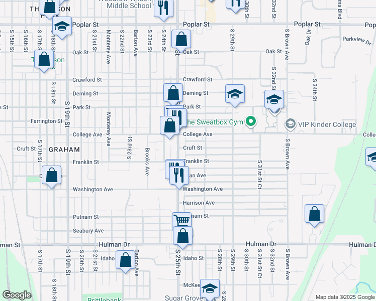 map of restaurants, bars, coffee shops, grocery stores, and more near 2511 Cruft Street in Terre Haute